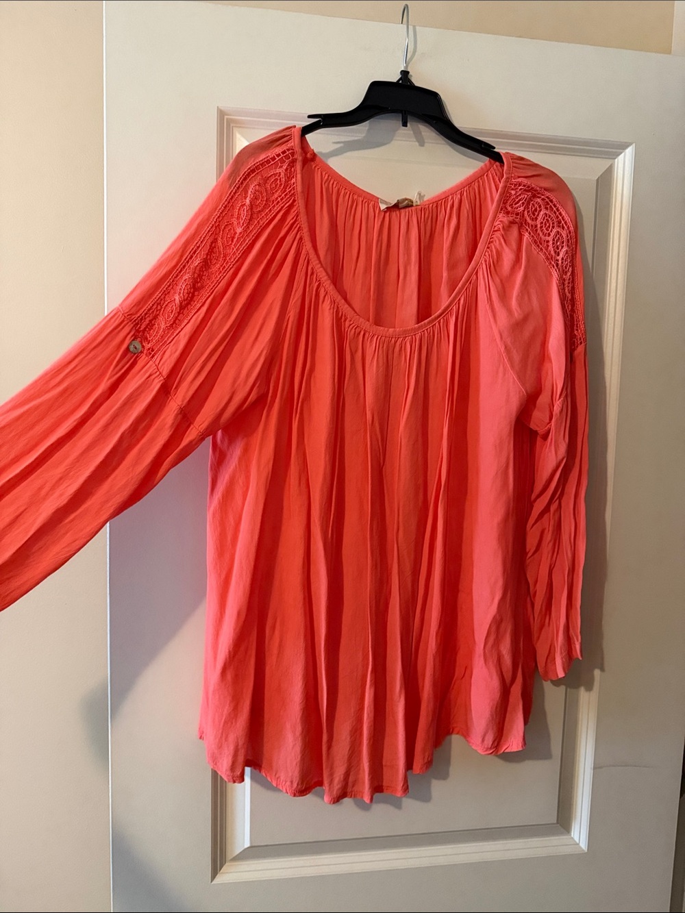 Lightweight Coral Peasant Tunic with Lace-Trim Shoulders